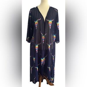 Southern Stitch Navy Blue Colorful Cow Skulls Old West Lightweight Duster Size L